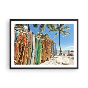 Poster in einem schwarzem Rahmen - Surfbretter an einem Strand mit Palmen - 70x50cm - Sonniger Spaß - Moderne Wanddekoration für Wohnzimmer und Schlafzimmer ARTTOR