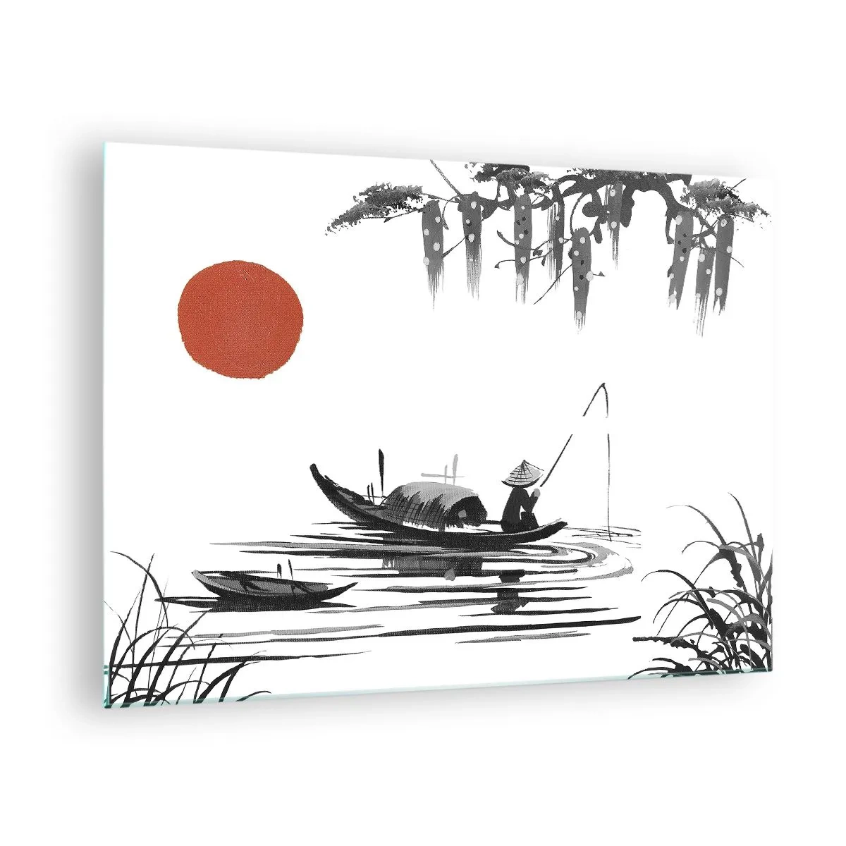 Glasbild - Bild auf glas - Traditionelles Fischerboot auf einem Fluss mit einer roten Sonne - 70x50cm - Asiatischer Nachmittag - Moderne Wanddekoration für Wohnzimmer und Schlafzimmer ARTTOR