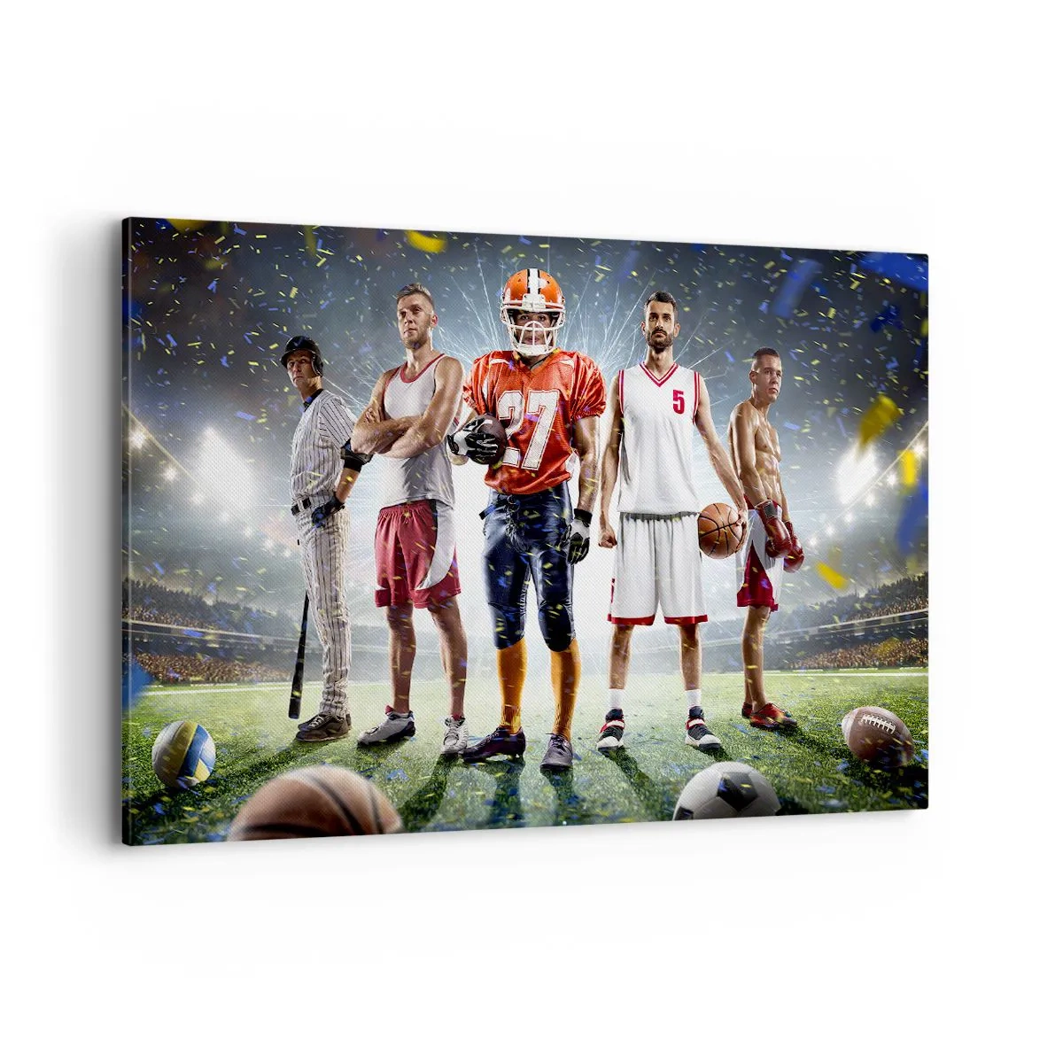 Bild auf Leinwand - Leinwandbild - Eine dynamische Szene von Athleten verschiedener Disziplinen im Stadion unter dem Scheinwerferlicht - 120x80cm - Feldgladiatoren - Moderne Wanddekoration für Wohnzimmer und Schlafzimmer ARTTOR