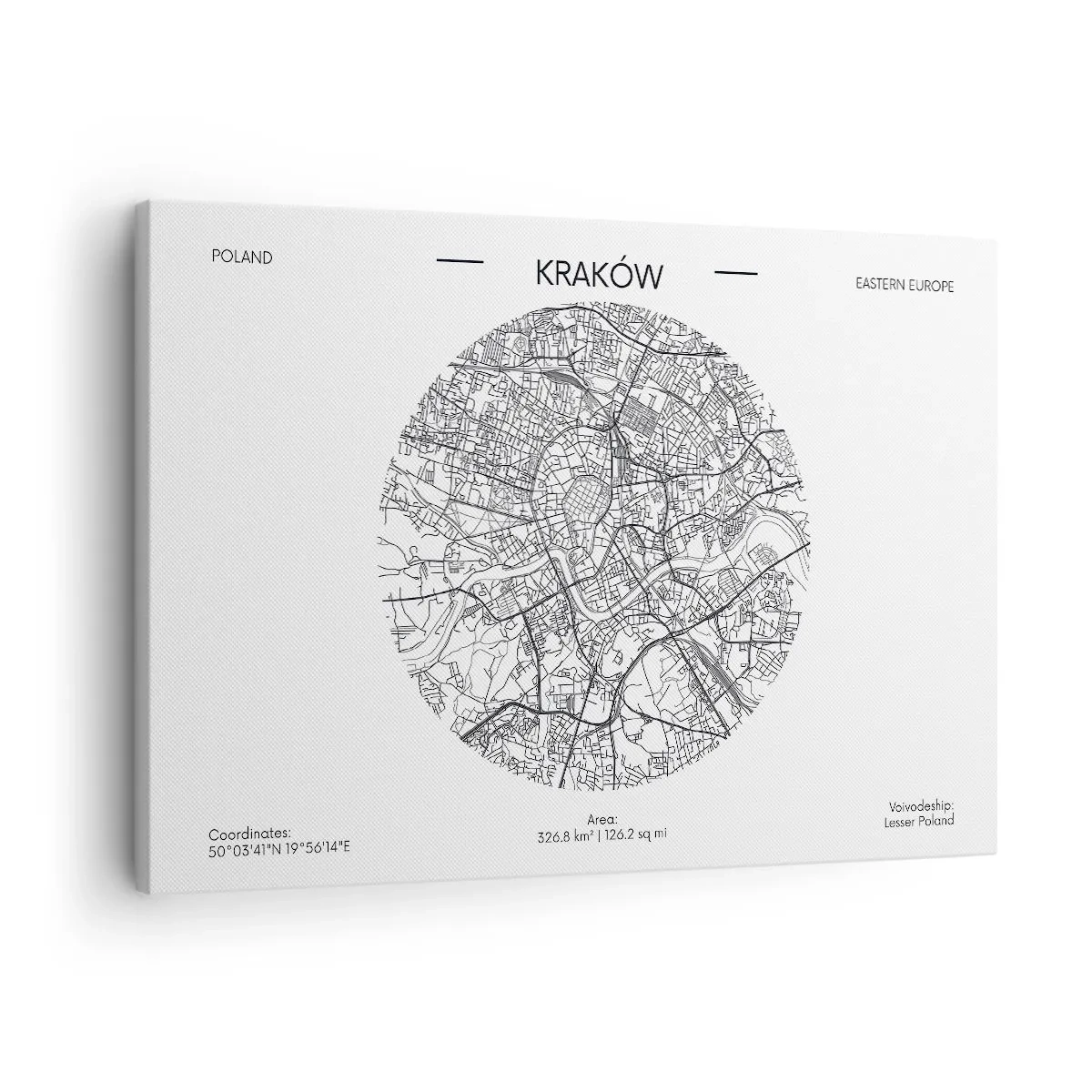 Bild auf Leinwand - Leinwandbild - Eine Karte von Krakau im minimalistischen Stil - 70x50cm - Anatomie von Krakau - Moderne Wanddekoration für Wohnzimmer und Schlafzimmer ARTTOR