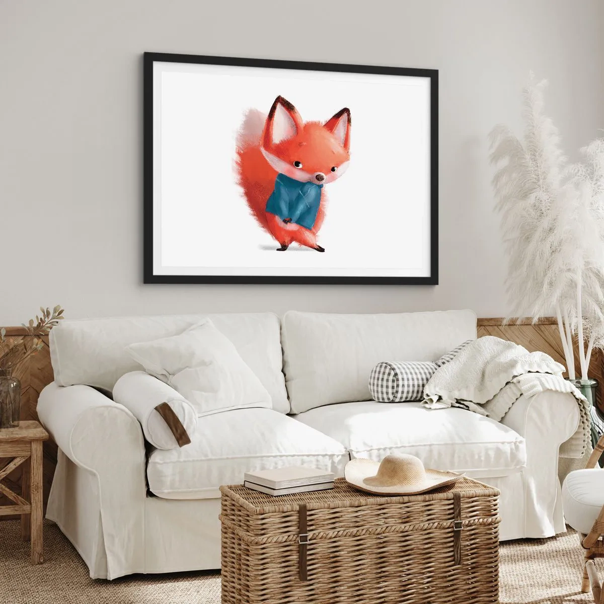 Poster in einem schwarzem Rahmen - Ein süßer Fuchs im blauen Anzug - 70x50cm - Steht mir das gut? - Moderne Wanddekoration für Wohnzimmer und Schlafzimmer ARTTOR