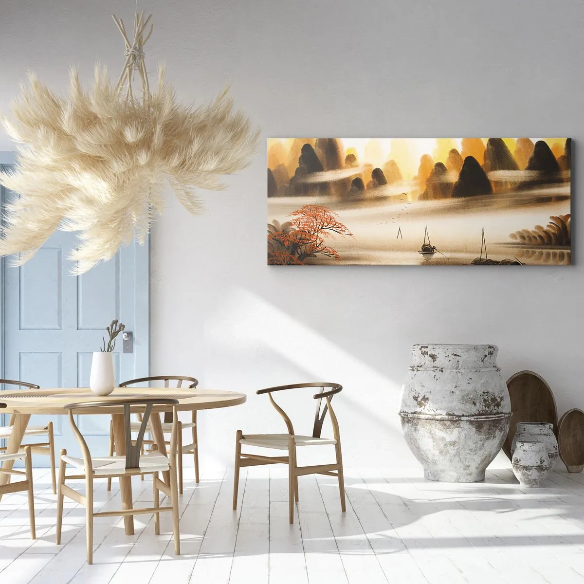 Bild auf Leinwand - Leinwandbild - Eine orientalische Landschaft mit Fluss, Bergen und sanftem Nebel. - 120x50cm - Weiter als im Fernosten - Moderne Wanddekoration für Wohnzimmer und Schlafzimmer ARTTOR