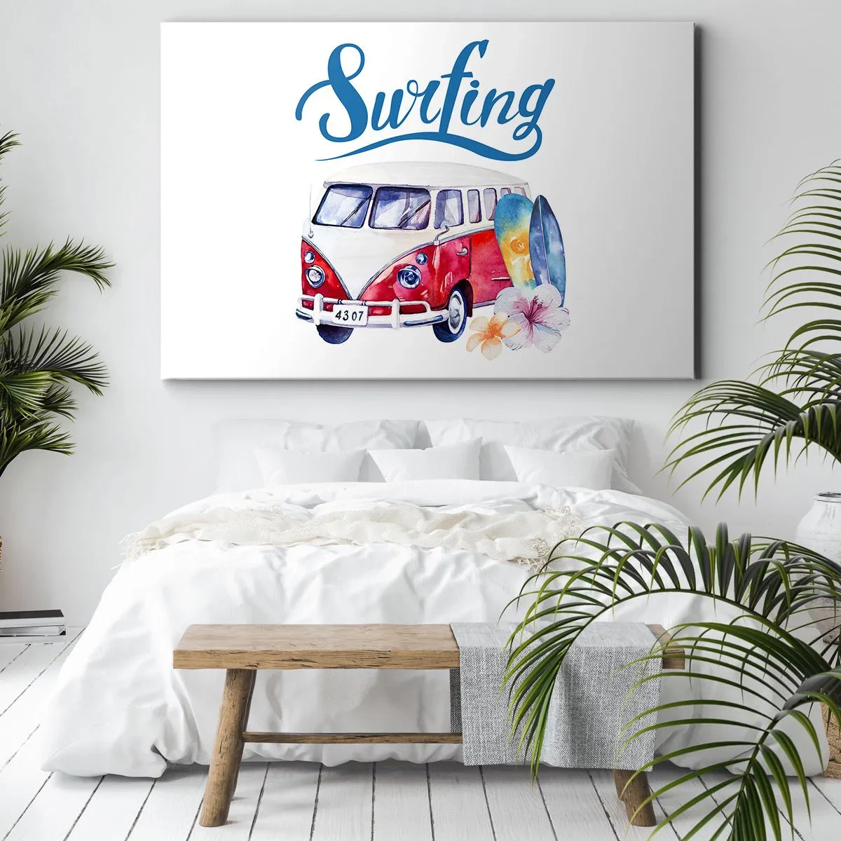 Bild auf Leinwand - Leinwandbild - Bunte Grafiken mit einem Bus und einem Surfthema - 120x80cm - Gurke - ein Klassiker für einen Surfer - Moderne Wanddekoration für Wohnzimmer und Schlafzimmer ARTTOR