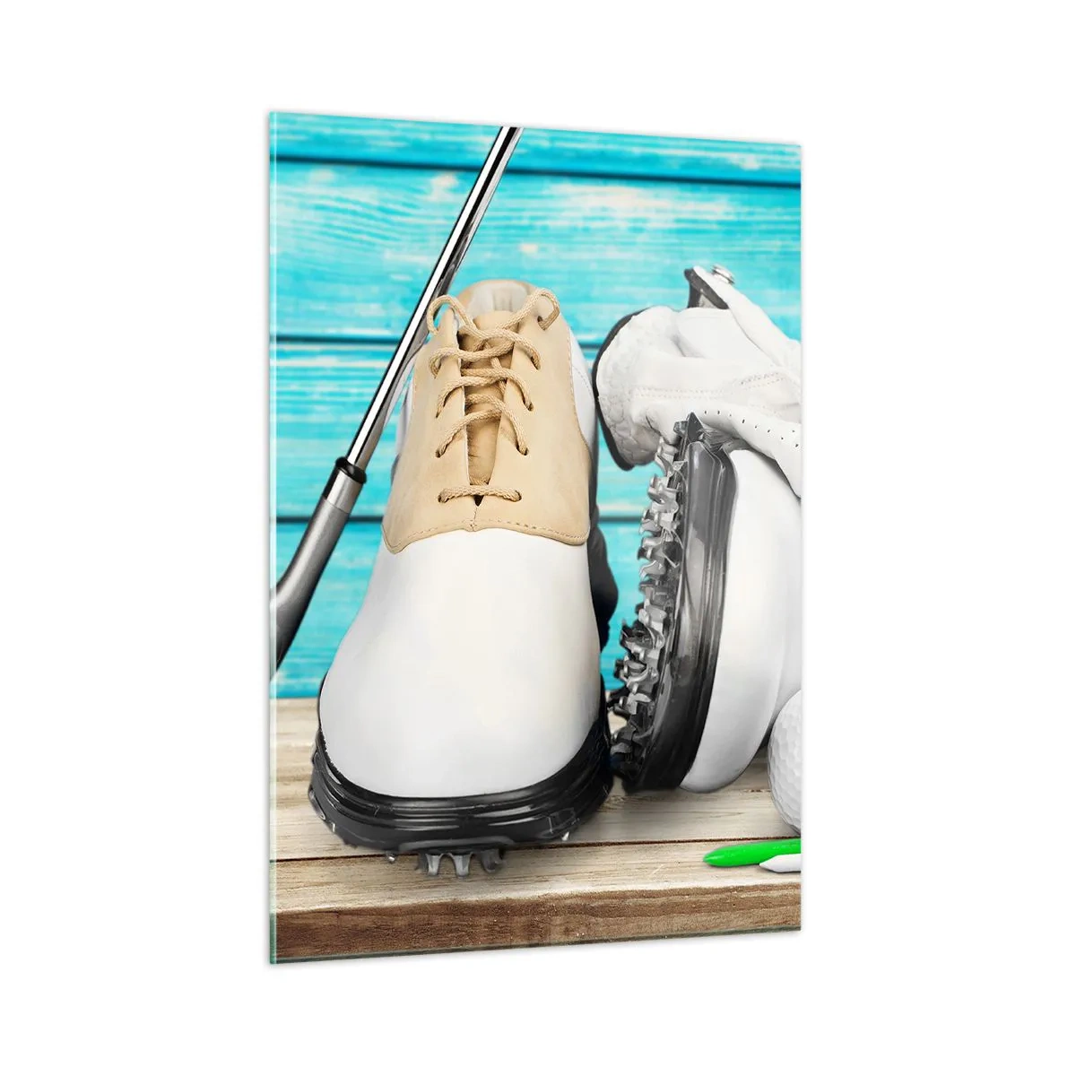Glasbild - Bild auf glas - Golfzubehör auf Holzhintergrund - 50x70cm - Alles ist bereit - Moderne Wanddekoration für Wohnzimmer und Schlafzimmer ARTTOR