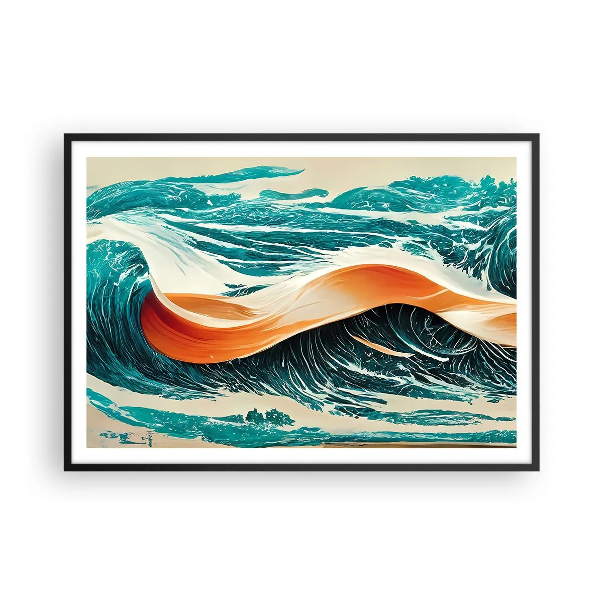 Poster in einem schwarzem Rahmen - Dynamische Meereswellen mit abstraktem Band - 100x70cm - Traum eines Surfers - Moderne Wanddekoration für Wohnzimmer und Schlafzimmer ARTTOR