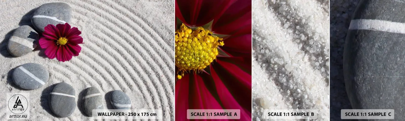 Fototapetenmuster Standard Eco - Energie und Ruhe des Zauberkreises der Natur - Blumen, Sand, Steine - 100x30 cm