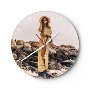Wanduhr - Glasuhr - Stilvolle Frau in einem Sommerkleid vor einem Hintergrund aus Steinen - 30x30cm - Die Magie der Steine - Moderne Wanddekoration für Wohnzimmer, Küche und Schlafzimmer ARTTOR
