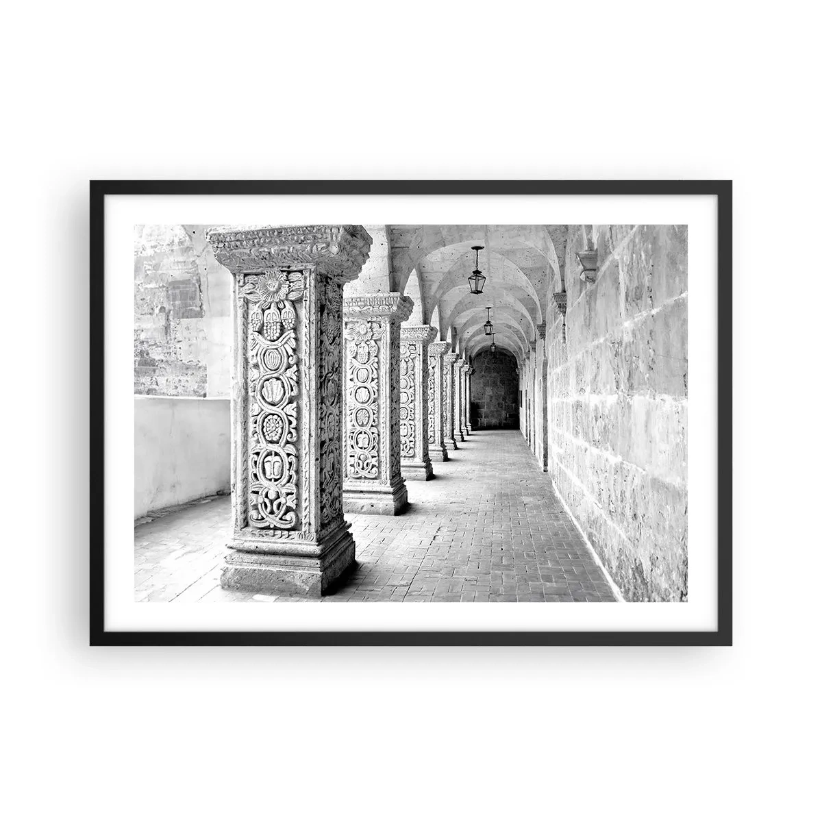 Poster in einem schwarzem Rahmen - Historische Säulen in einer monochromen Aufnahme - 70x50cm - Und wo geht’s hin...? - Moderne Wanddekoration für Wohnzimmer und Schlafzimmer ARTTOR