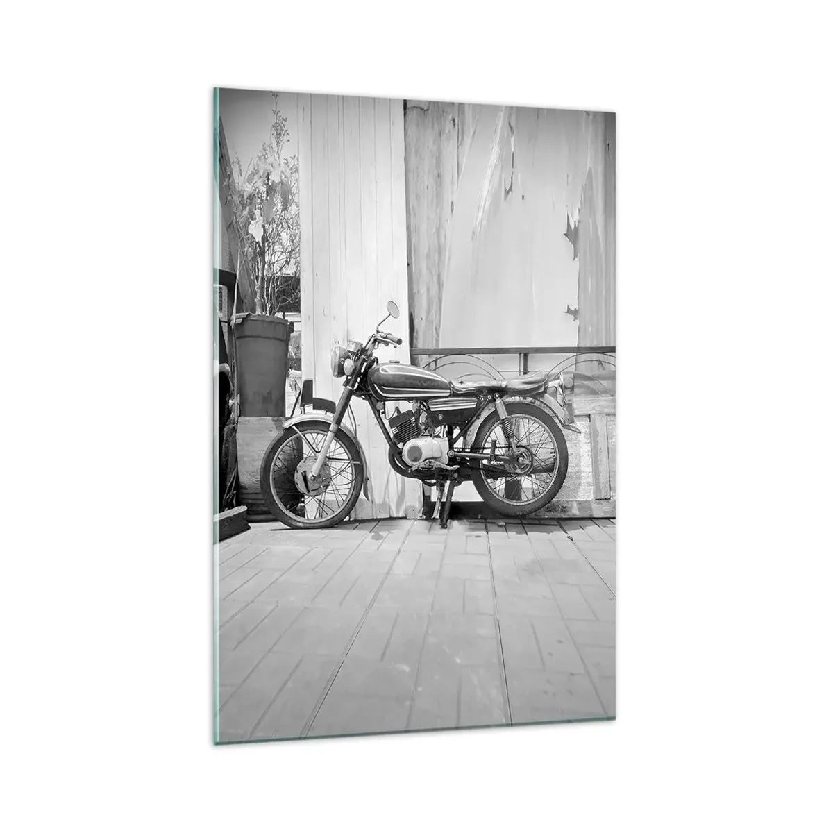 Glasbild - Bild auf glas - Schwarz-Weiß-Foto eines klassischen Motorrads - 80x120cm - Klassik über alles - Moderne Wanddekoration für Wohnzimmer und Schlafzimmer ARTTOR