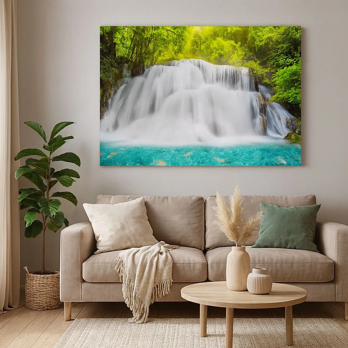 Bild auf Leinwand - Leinwandbild - Ein Wasserfall in einem tropischen Wald mit türkisfarbenem Wasser - 70x50cm - Eine schaumige Kaskade von grün bis azurblau - Moderne Wanddekoration für Wohnzimmer und Schlafzimmer ARTTOR