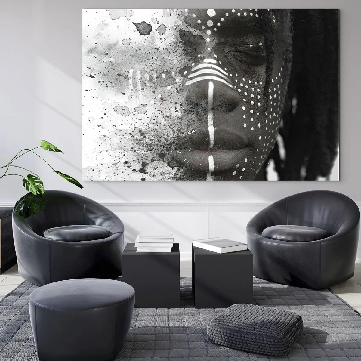 Glasbild - Bild auf glas - Porträt mit Ethno-Muster in Schwarz-Weiß mit Aquarelleffekt - 70x50cm - Entdecke den Urgeist - Moderne Wanddekoration für Wohnzimmer und Schlafzimmer ARTTOR