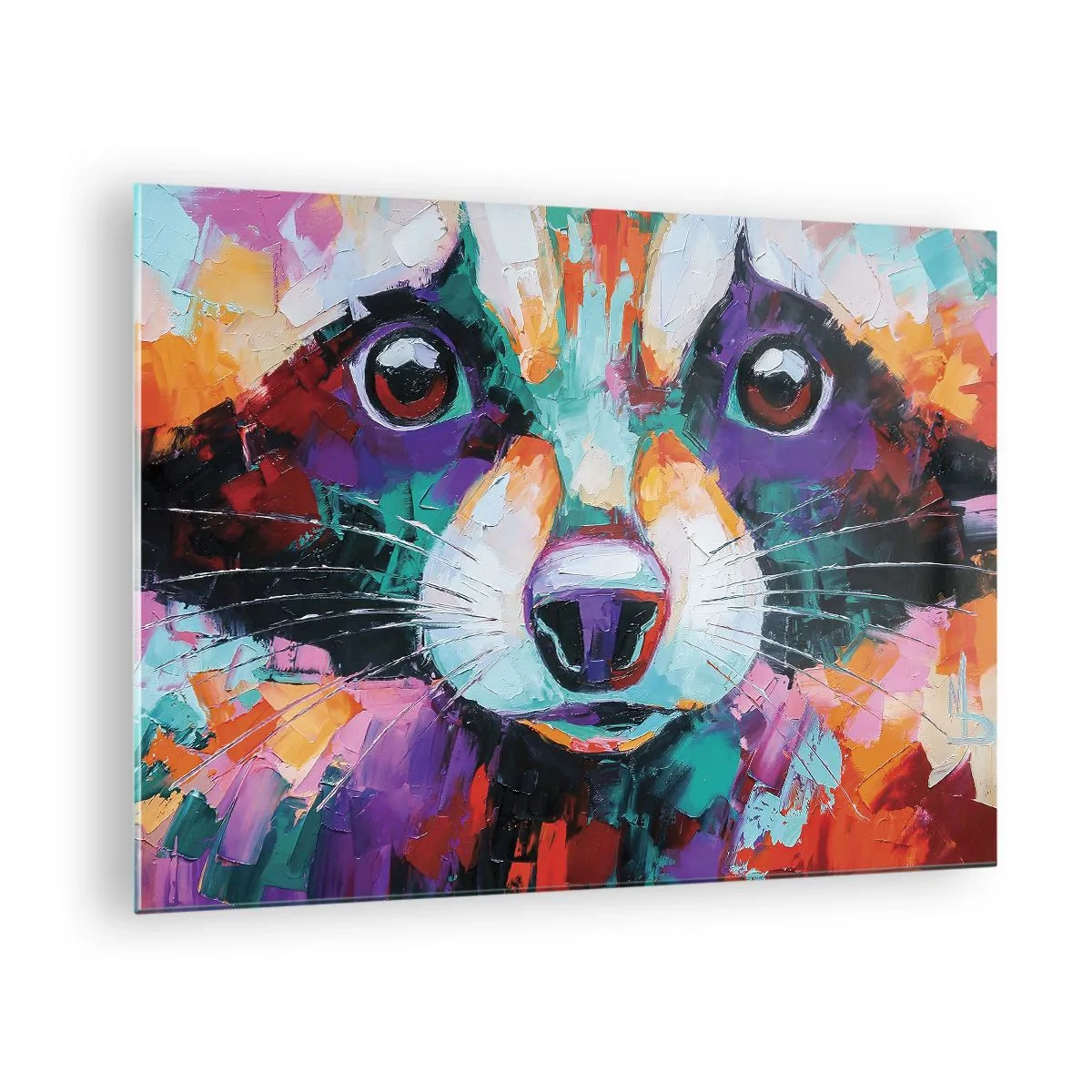 Glasbild - Bild auf glas - Ein lebendiges und farbenfrohes Porträt eines Waschbären, gemalt mit kräftigen Pinselstrichen - 70x50cm - Nur gute Emotionen - Moderne Wanddekoration für Wohnzimmer und Schlafzimmer ARTTOR