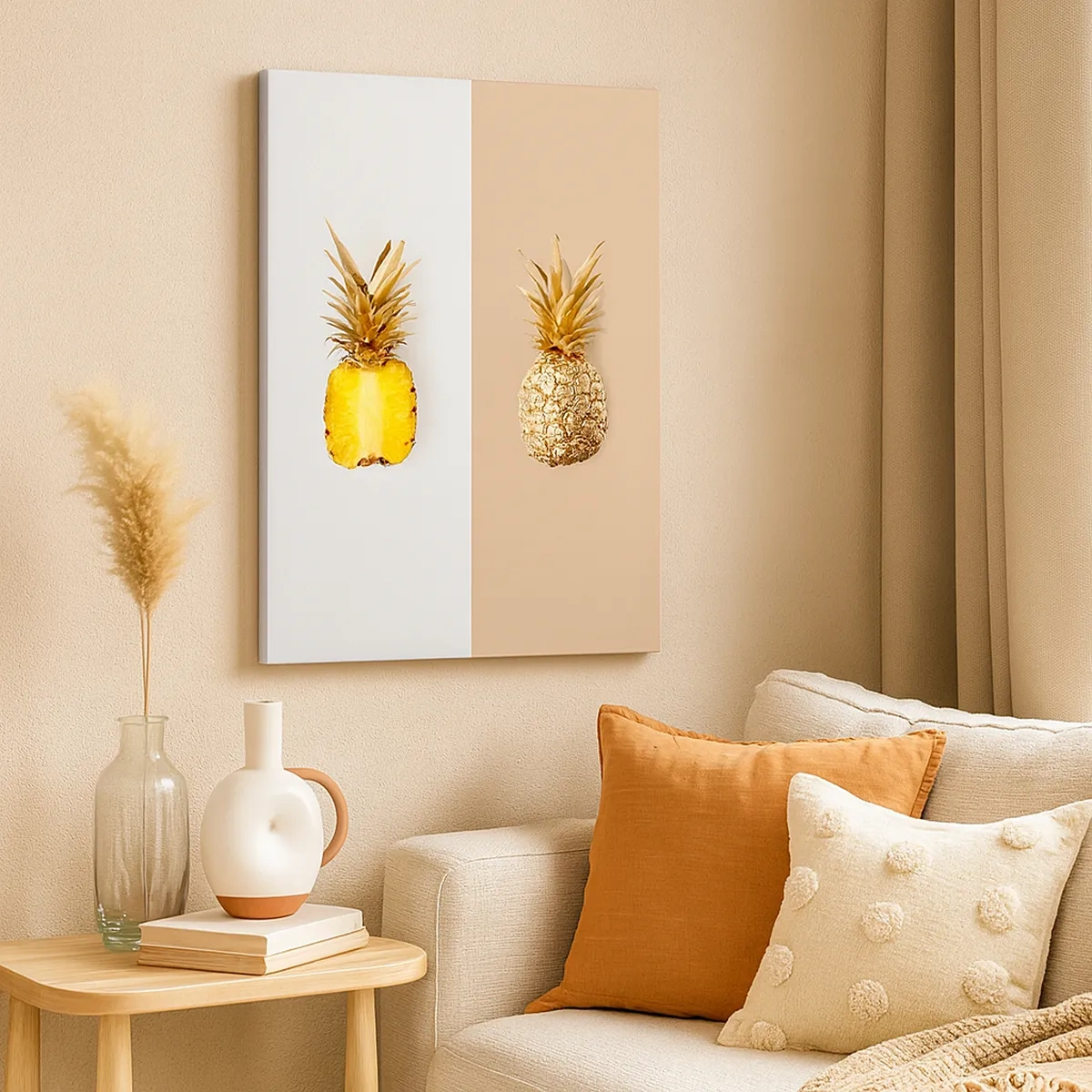Bild auf Leinwand - Leinwandbild - Eine halbe frische, goldene Ananas auf kontrastierendem Hintergrund - 50x70cm - Ananas für uns - Moderne Wanddekoration für Wohnzimmer und Schlafzimmer ARTTOR