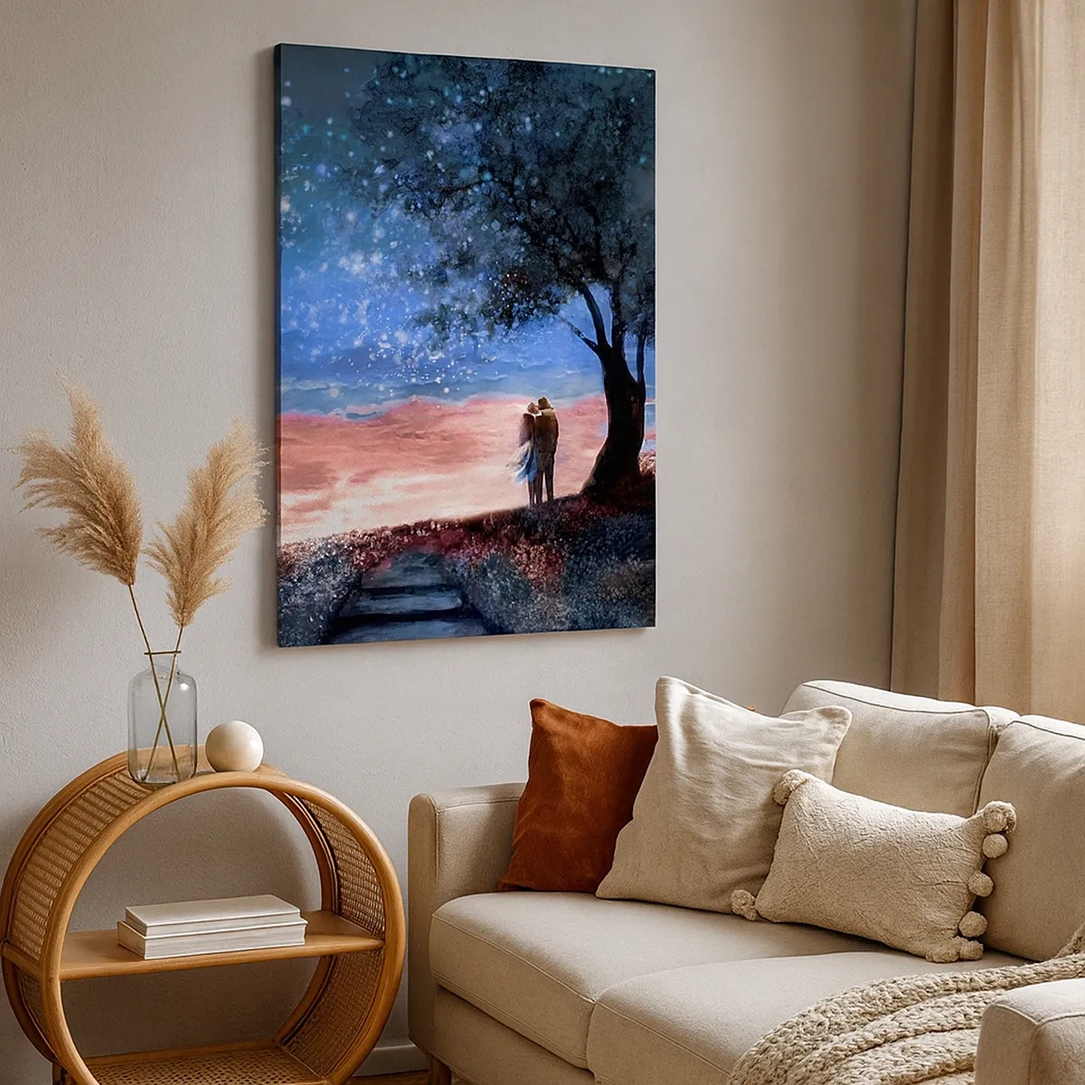 Bild auf Leinwand - Leinwandbild - Romantische Paarszene unter Vollmond - 50x70cm - Ein sternenklares Spektakel - Moderne Wanddekoration für Wohnzimmer und Schlafzimmer ARTTOR