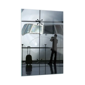 Glasbild - Bild auf glas - Flughafen mit Blick auf das Flugzeug und Silhouetten von Reisenden - 50x70cm - Vis a vis am Flughafen - Moderne Wanddekoration für Wohnzimmer und Schlafzimmer ARTTOR