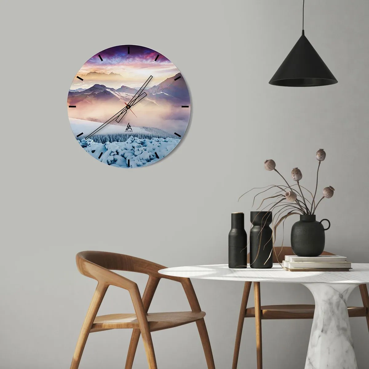 Wanduhr - Glasuhr - Ein Zifferblatt mit Blick auf schneebedeckte Berge in Pastellfarben - 30x30cm - Die Kraft und Reinheit der Natur - Moderne Wanddekoration für Wohnzimmer, Küche und Schlafzimmer ARTTOR