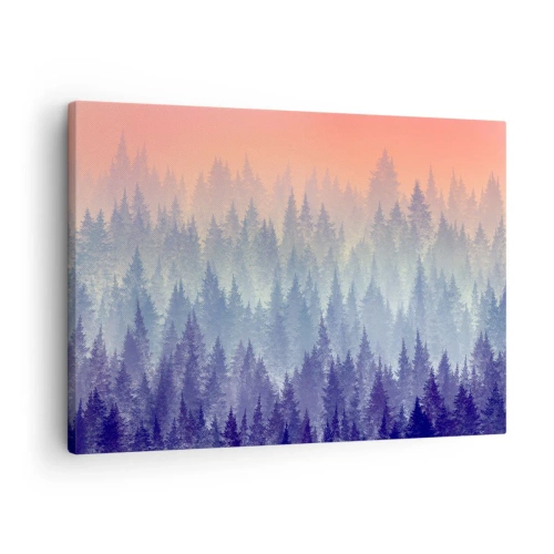 Bild auf Leinwand - Leinwandbild - Ein nebliger Wald in Lila- und Orangetönen - 70x50cm - Hoch, höher, zum Himmel - Moderne Wanddekoration für Wohnzimmer und Schlafzimmer ARTTOR