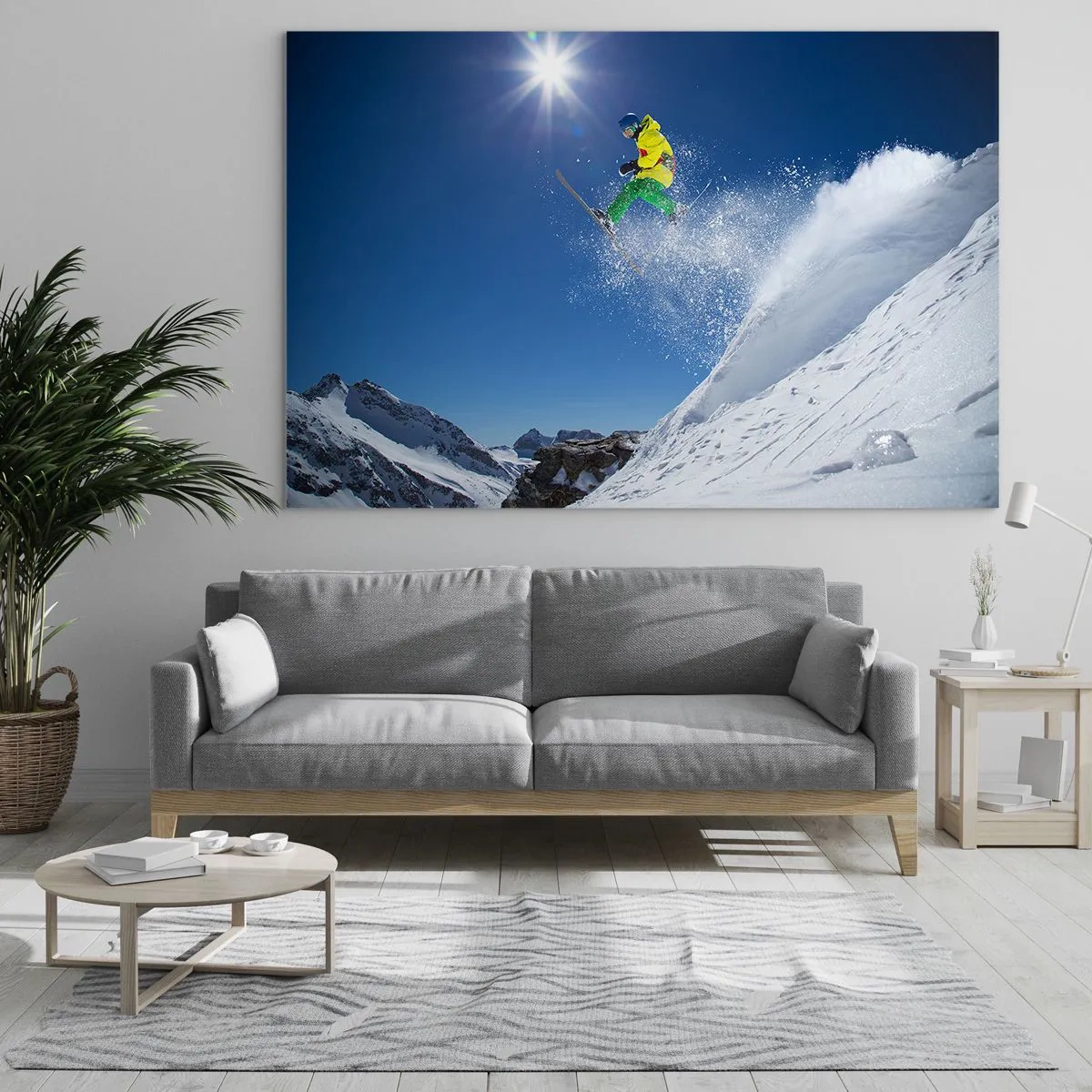 Glasbild - Bild auf glas - Ein Skifahrer in Aktion vor der Kulisse schneebedeckter Berge - 120x80cm - Tanzen mit den Bergen - Moderne Wanddekoration für Wohnzimmer und Schlafzimmer ARTTOR