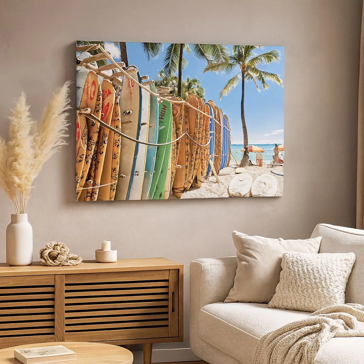Bild auf Leinwand - Leinwandbild - Surfbretter an einem Strand mit Palmen - 70x50cm - Sonniger Spaß - Moderne Wanddekoration für Wohnzimmer und Schlafzimmer ARTTOR