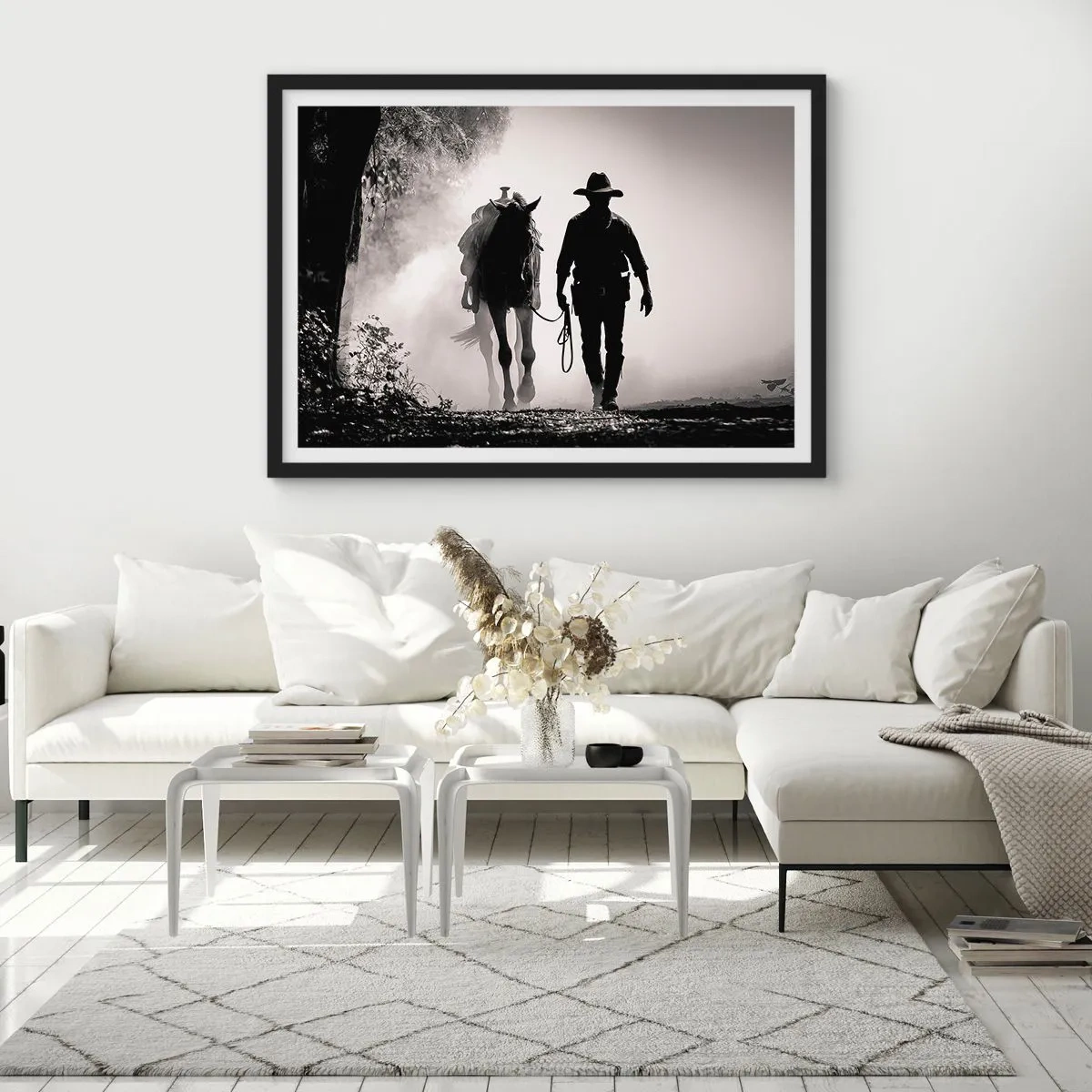 Poster in einem schwarzem Rahmen - Cowboy mit Pferd im Morgennebel - 70x50cm - Texas-Morgen - Moderne Wanddekoration für Wohnzimmer und Schlafzimmer ARTTOR