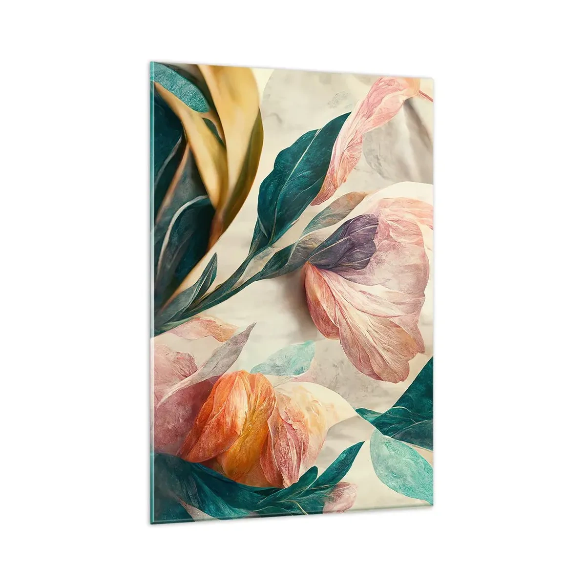 Glasbild - Bild auf glas - Bunte Blumen im tropischen Stil auf hellem Hintergrund - 80x120cm - Blumen der südlichen Inseln - Moderne Wanddekoration für Wohnzimmer und Schlafzimmer ARTTOR