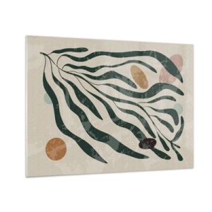 Glasbild - Bild auf glas - Organische Formen in Grün auf beigem Hintergrund - 70x50cm - Im Grünen - Moderne Wanddekoration für Wohnzimmer und Schlafzimmer ARTTOR