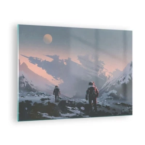 Glasbild - Bild auf glas - Astronauten auf einem fremden Planeten mit einem Schiffswrack im Hintergrund - 70x50cm - Unter einem unbekannten Stern - Moderne Wanddekoration für Wohnzimmer und Schlafzimmer ARTTOR