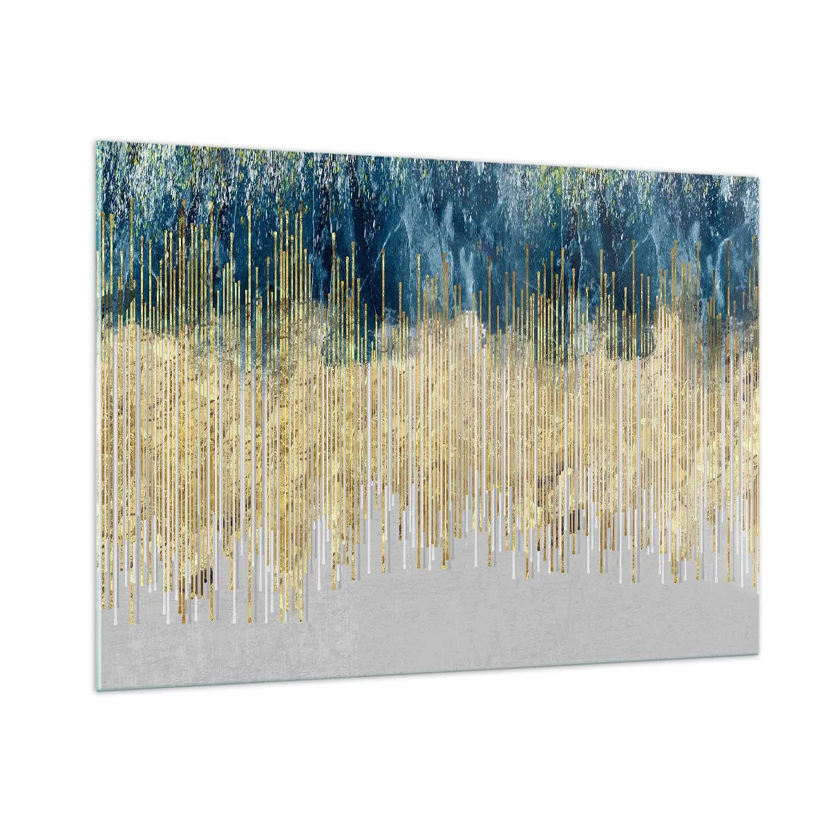 Glasbild - Bild auf glas - Goldene vertikale Linien vor einem dunkelblauen Waldhintergrund - 100x70cm - Vergoldete Grenze - Moderne Wanddekoration für Wohnzimmer und Schlafzimmer ARTTOR
