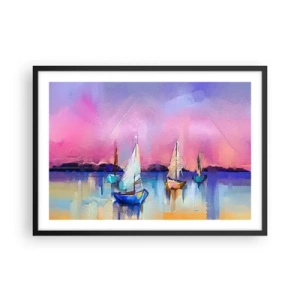 Poster in einem schwarzem Rahmen - Segelboote auf ruhigem Meer in den Pastellfarben des Sonnenuntergangs - 70x50cm - Richtung: breites Wasser - Moderne Wanddekoration für Wohnzimmer und Schlafzimmer ARTTOR