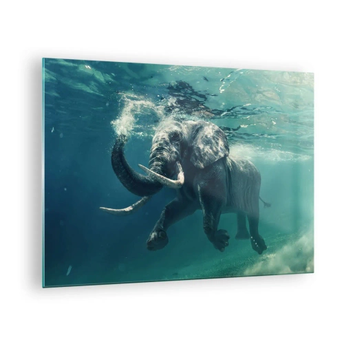Glasbild - Bild auf glas - Ein Elefant, der unter Wasser im blauen Ozean schwimmt - 70x50cm - Jeder schwimmt gerne - Moderne Wanddekoration für Wohnzimmer und Schlafzimmer ARTTOR