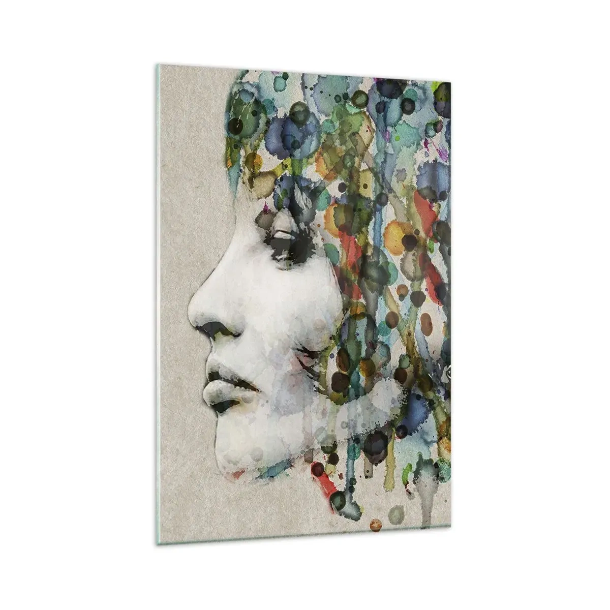 Glasbild - Bild auf glas - Profil einer Frau in Aquarellfarben mit abstraktem Hintergrund - 80x120cm - Sie tauchte aus dem Grau auf - Moderne Wanddekoration für Wohnzimmer und Schlafzimmer ARTTOR
