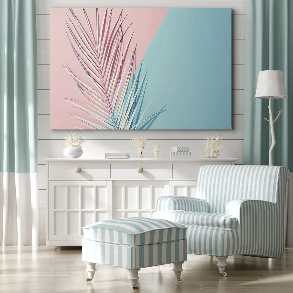 Bild auf Leinwand - Leinwandbild - Tropisches Blatt vor einem Hintergrund in Pastelltönen von Rosa und Blau - 70x50cm - Tropischer Eindruck - Moderne Wanddekoration für Wohnzimmer und Schlafzimmer ARTTOR