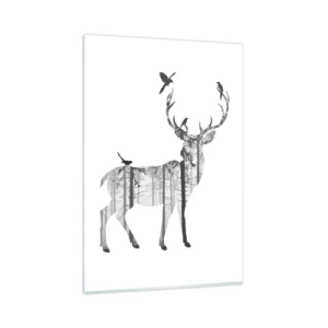 Glasbild - Bild auf glas - Silhouette eines Hirsches mit Wald und Vögeln - 80x120cm - Guter Waldgeist - Moderne Wanddekoration für Wohnzimmer und Schlafzimmer ARTTOR