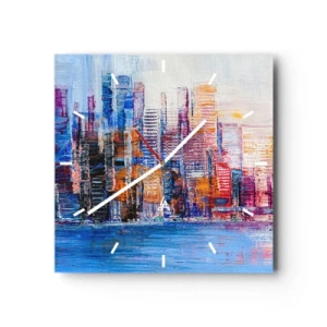Wanduhr - Glasuhr - Ein farbenfrohes Panorama der Stadt mit Spiegelungen auf dem Wasser - 30x30cm - Fröhliche Metropole - Moderne Wanddekoration für Wohnzimmer und Schlafzimmer ARTTOR