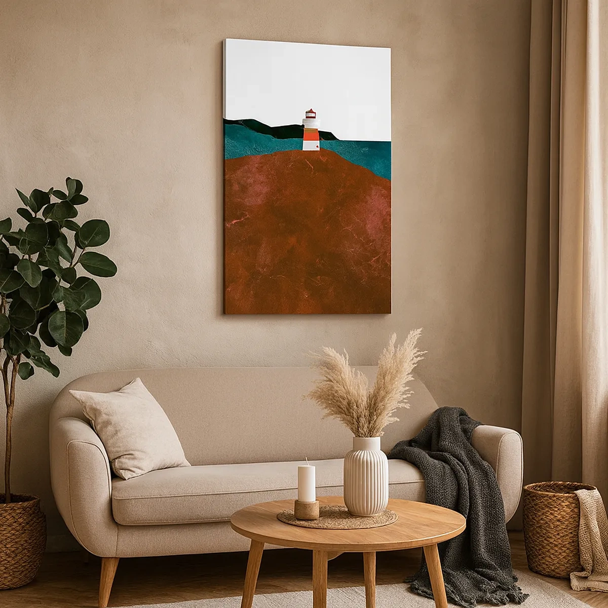 Bild auf Leinwand - Leinwandbild - Ein Leuchtturm vor der Kulisse von Bergen und Meer - 50x70cm - Aufs Meer starren - Moderne Wanddekoration für Wohnzimmer und Schlafzimmer ARTTOR
