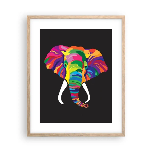Poster in einem Rahmen aus heller Eiche - Der Elefant, der es liebte, im Regenbogen zu baden - 40x50 cm