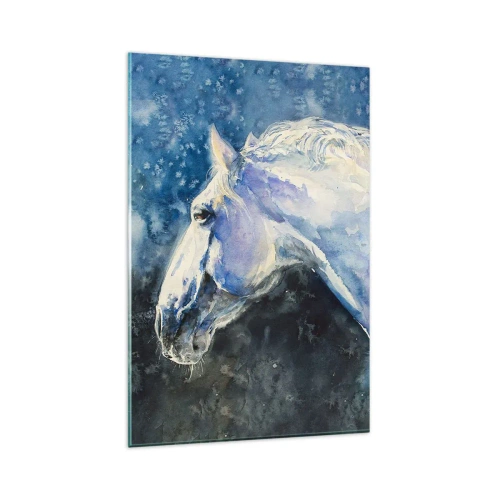 Glasbild - Bild auf glas - Ein Porträt eines Pferdes in Blautönen mit malerischem Aquarelleffekt. - 80x120cm - Porträt in blauem Glanz - Moderne Wanddekoration für Wohnzimmer und Schlafzimmer ARTTOR