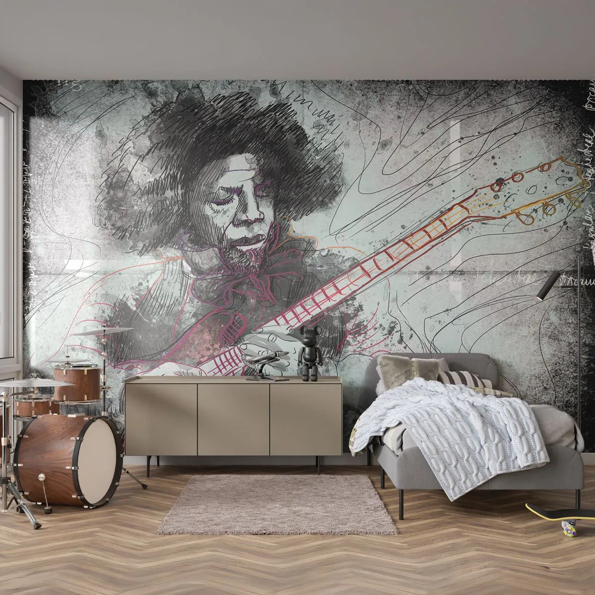 Fototapete Premium Sand - Auf den Wellen der Musik - Musik, Gitarrist, Instrument - 250x175 cm