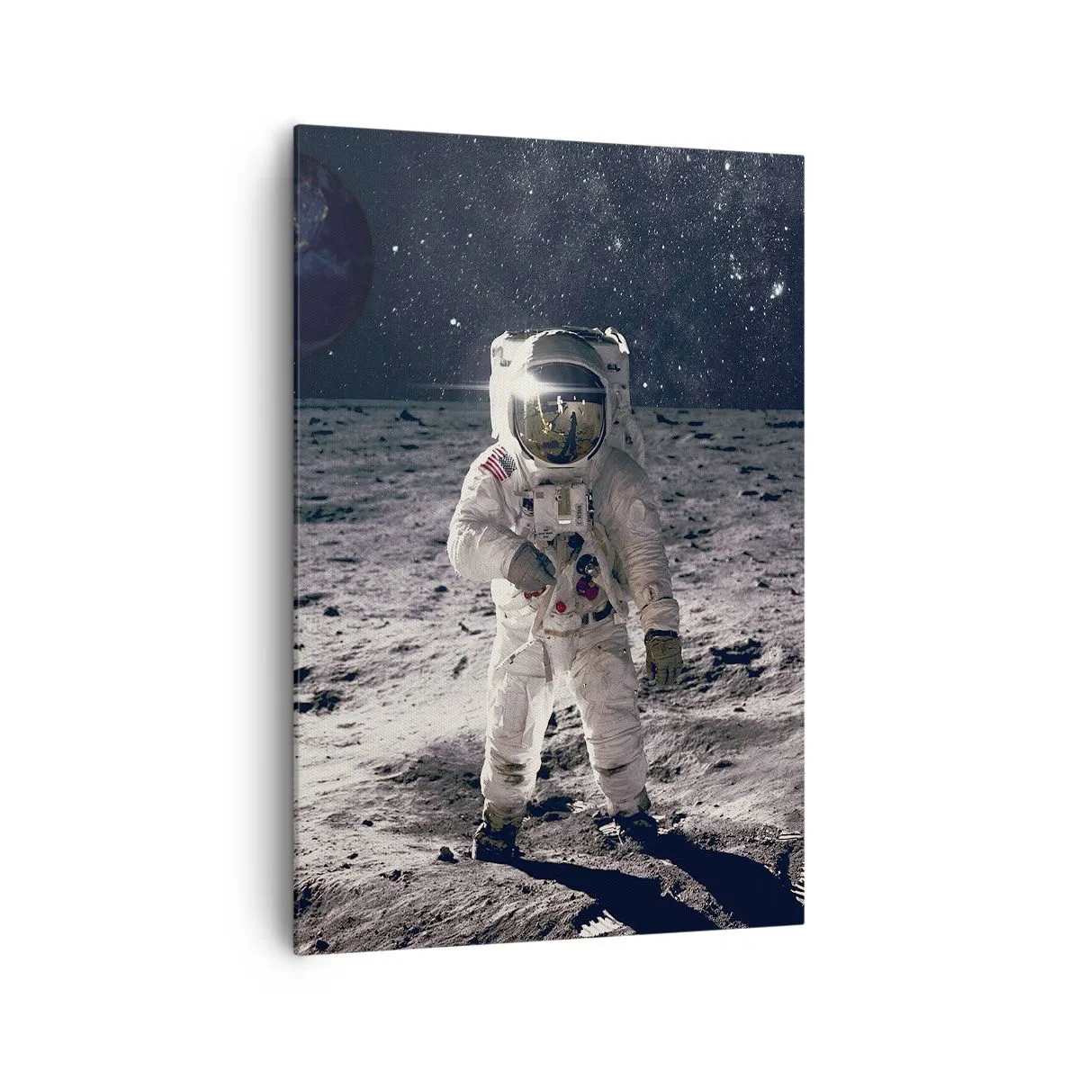 Bild auf Leinwand - Leinwandbild - Astronaut auf der Mondoberfläche mit der Erde im Hintergrund - 70x100cm - Grüße vom Mond - Moderne Wanddekoration für Wohnzimmer und Schlafzimmer ARTTOR