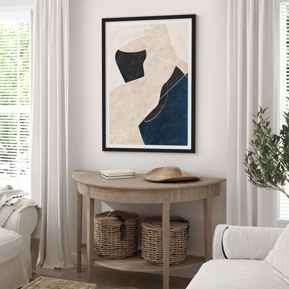 Poster in einem schwarzem Rahmen - Geometrische Abstraktion in Beige-, Schwarz- und Marineblautönen - 50x70cm - Abstrakte Komposition – Farbkontrast - Moderne Wanddekoration für Wohnzimmer und Schlafzimmer ARTTOR