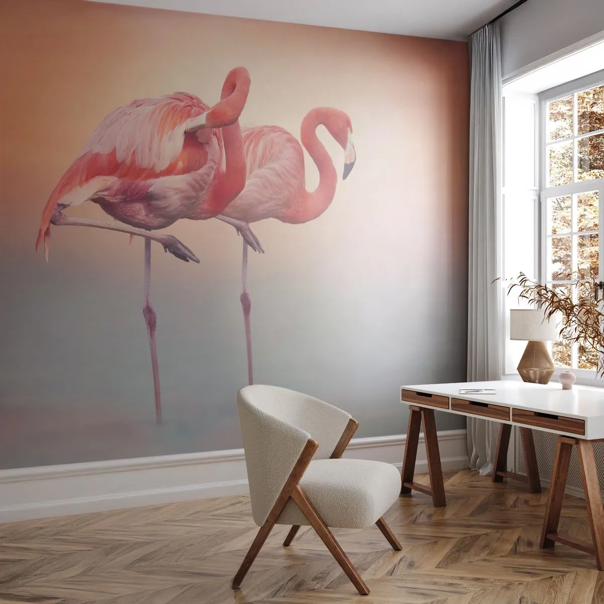Fototapete Premium Sand - Zwei Flamingos stehen bei Sonnenuntergang im Wasser - 100x70cm - Die Farbe der untergehenden Sonne - Moderne Wanddekoration für Wohnzimmer und Schlafzimmer ARTTOR