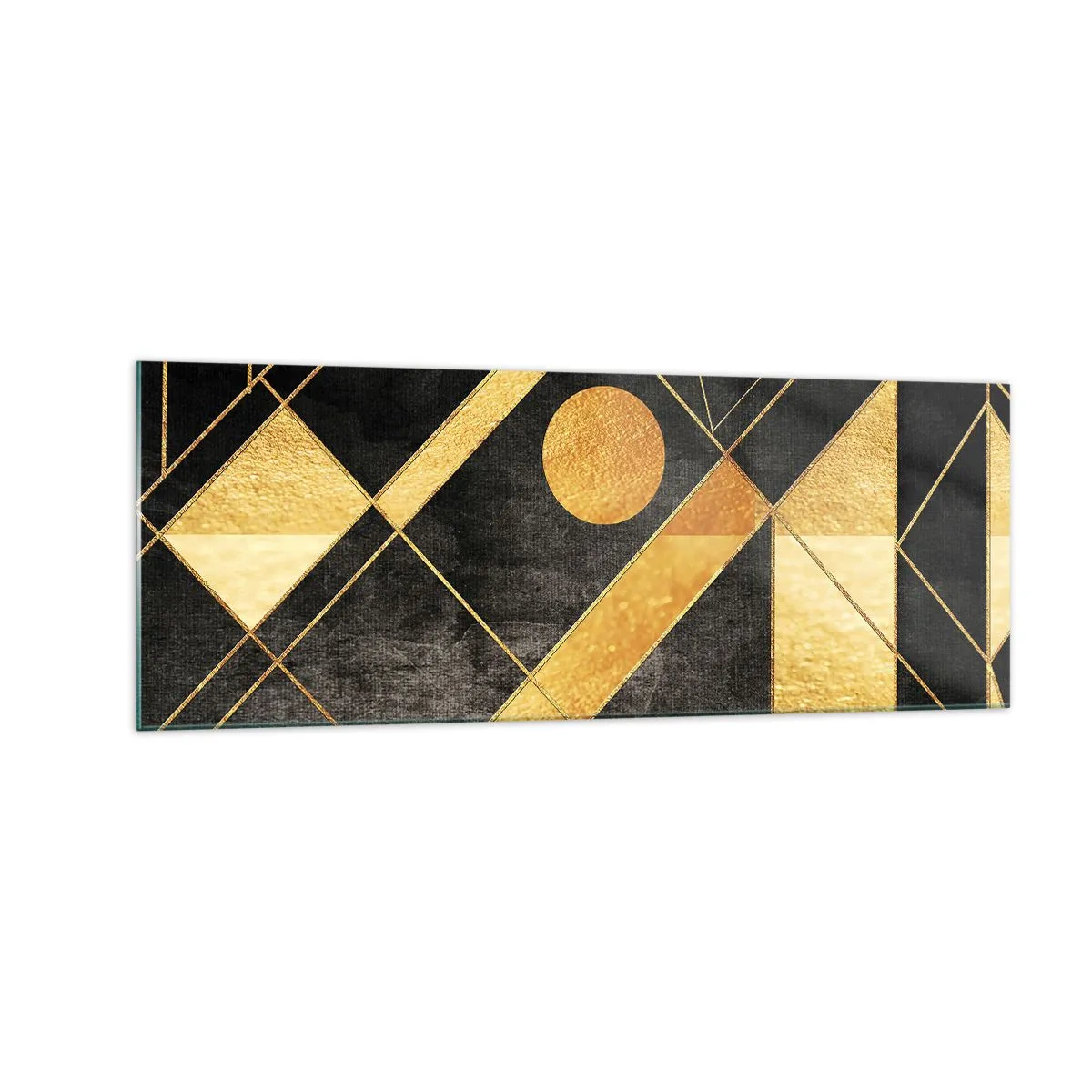 Glasbild - Bild auf glas - Geometrische Formen in Gold- und Schwarztönen - 140x50cm - Die Sonne der Wüste - Moderne Wanddekoration für Wohnzimmer und Schlafzimmer ARTTOR