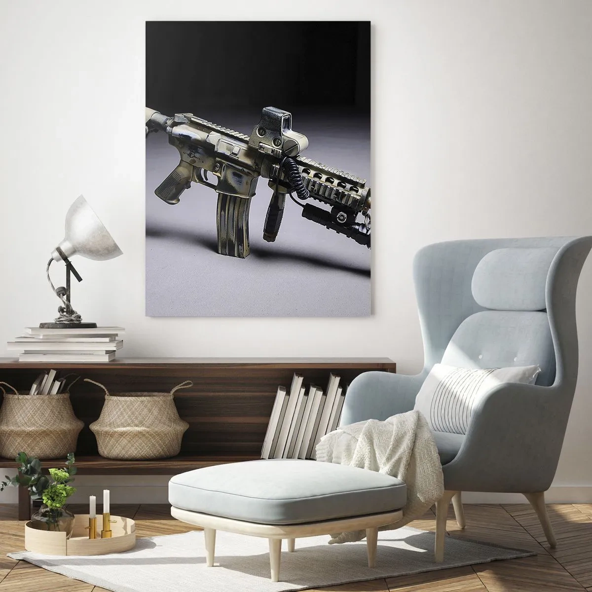 Glasbild - Bild auf glas - Moderne Waffe in Tarnfarbe auf dunklem Hintergrund - 80x120cm - Immer bedrohlich - Moderne Wanddekoration für Wohnzimmer und Schlafzimmer ARTTOR