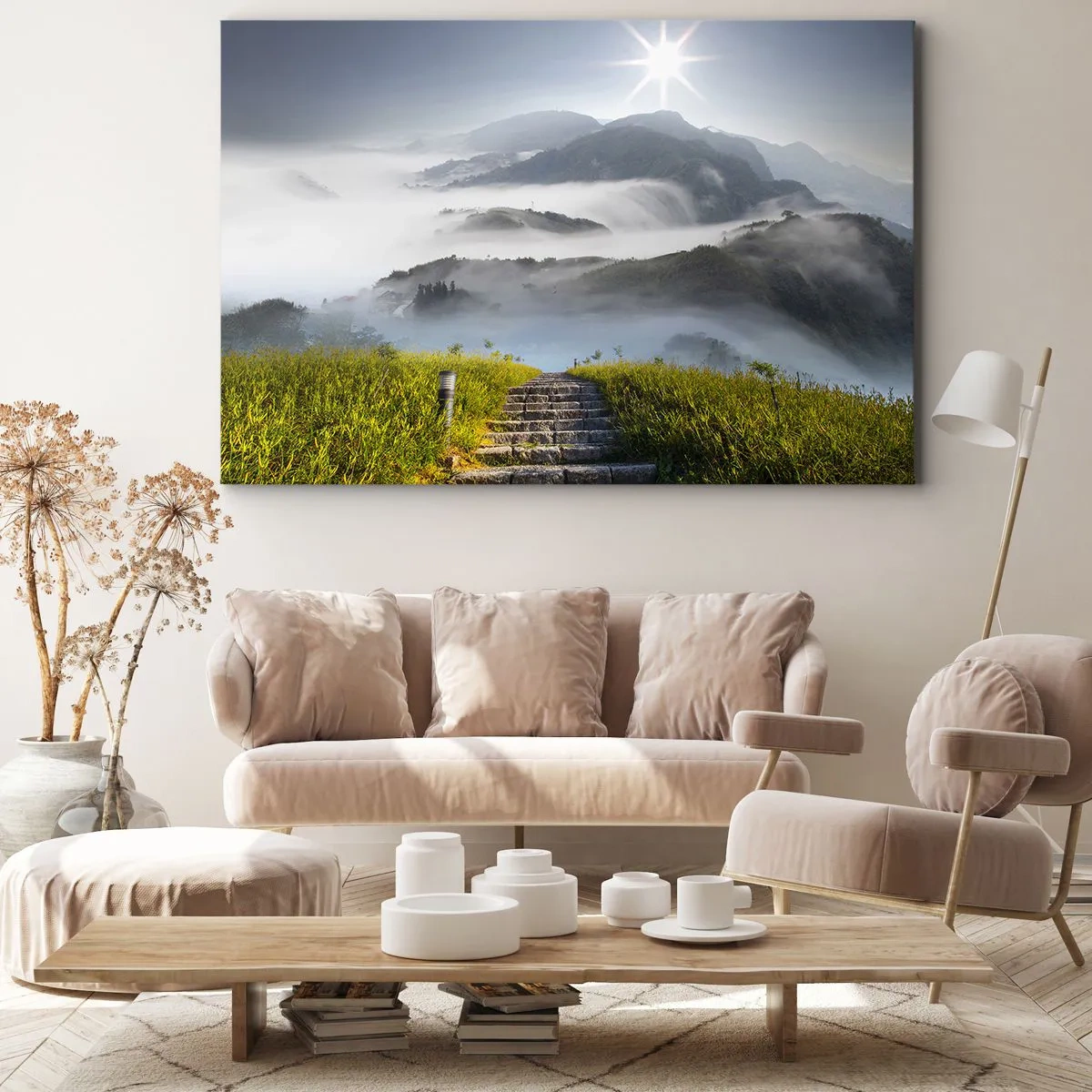 Bild auf Leinwand - Leinwandbild - Steintreppen führen durch die in Morgennebel gehüllten Berge - 70x50cm - Immer noch den Wolken entgegen - Moderne Wanddekoration für Wohnzimmer und Schlafzimmer ARTTOR
