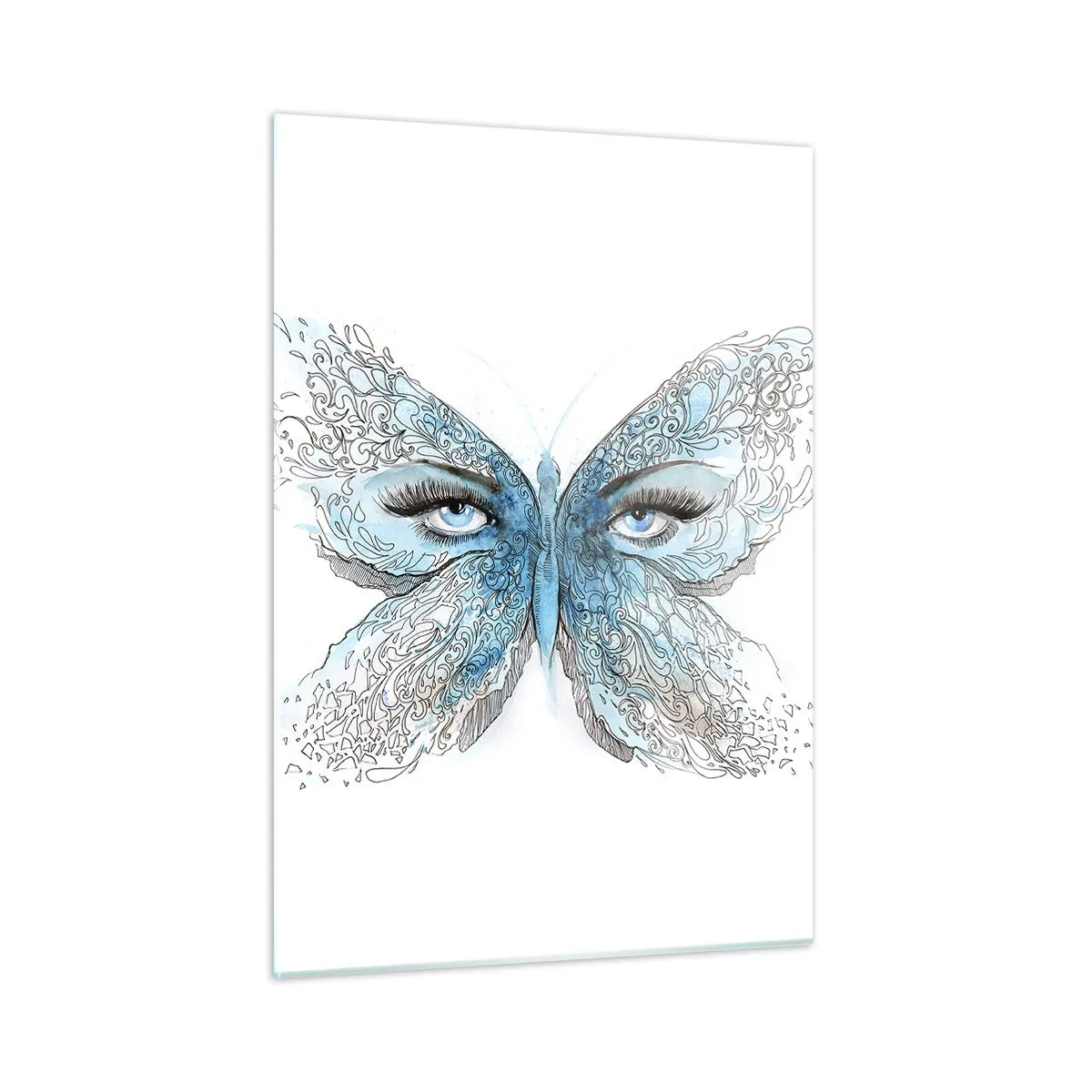 Glasbild - Bild auf glas - Ein Schmetterling mit blauen Flügeln und menschlichen Augen im künstlerischen Stil. - 50x70cm - Eros Blaumeise - Moderne Wanddekoration für Wohnzimmer und Schlafzimmer ARTTOR