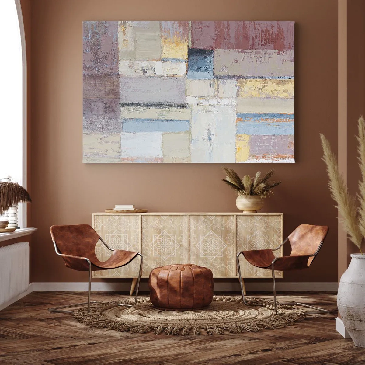 Bild auf Leinwand - Leinwandbild - Geometrische Komposition in Pastellfarben - 120x80cm - Ruhe der Geometrie - Moderne Wanddekoration für Wohnzimmer und Schlafzimmer ARTTOR