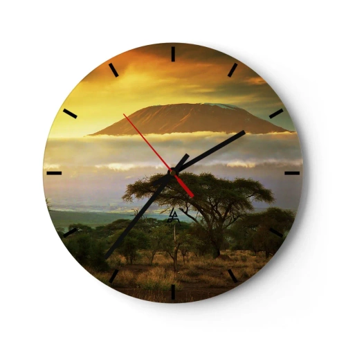 Wanduhr - Glasuhr - Der Kilimandscharo, umgeben von Nebel und Savanne bei Sonnenuntergang - 30x30cm - Ein Reisetraum - Moderne Wanddekoration für Wohnzimmer, Küche und Schlafzimmer ARTTOR