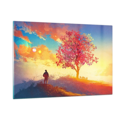Glasbild - Bild auf glas - Eine Figur vor dem Hintergrund eines bunten Himmels und eines Baumes in warmen Farben - 120x80cm - Pilger am Ziel - Moderne Wanddekoration für Wohnzimmer und Schlafzimmer ARTTOR