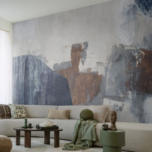 Fototapete Premium Sand - Geometrische Abstraktion in Blau- und Brauntönen - 100x70cm - Blaue und braune Formen - Moderne Wanddekoration für Wohnzimmer und Schlafzimmer ARTTOR