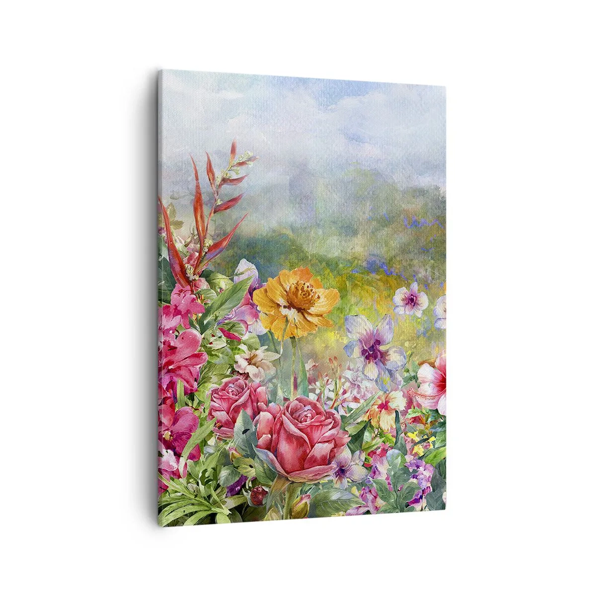 Bild auf Leinwand - Leinwandbild - Eine farbenfrohe Blumenkomposition vor einem pastellfarbenen Landschaftshintergrund - 50x70cm - Ein Garten, der verrückt geworden ist - Moderne Wanddekoration für Wohnzimmer und Schlafzimmer ARTTOR
